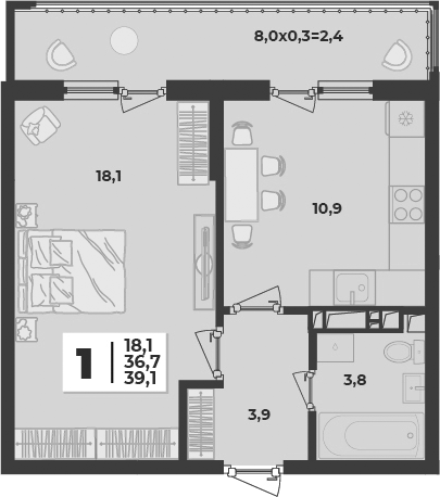 1-комн., 36.7 м², 2/9 этаж, ЖК «Лето»