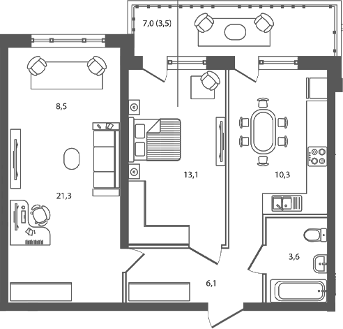 2-комн., 54.4 м², 7/7 этаж, ЖК «Сиреневый бульвар»