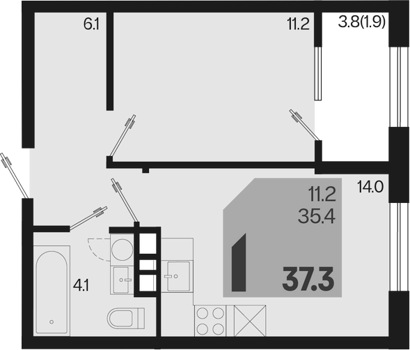 1-комн., 35.4 м², 4/9 этаж, ЖК «Первое место»