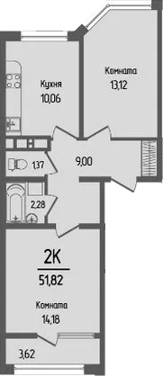 2-комн., 50.01 м², 7/16 этаж, ЖК «Прима»