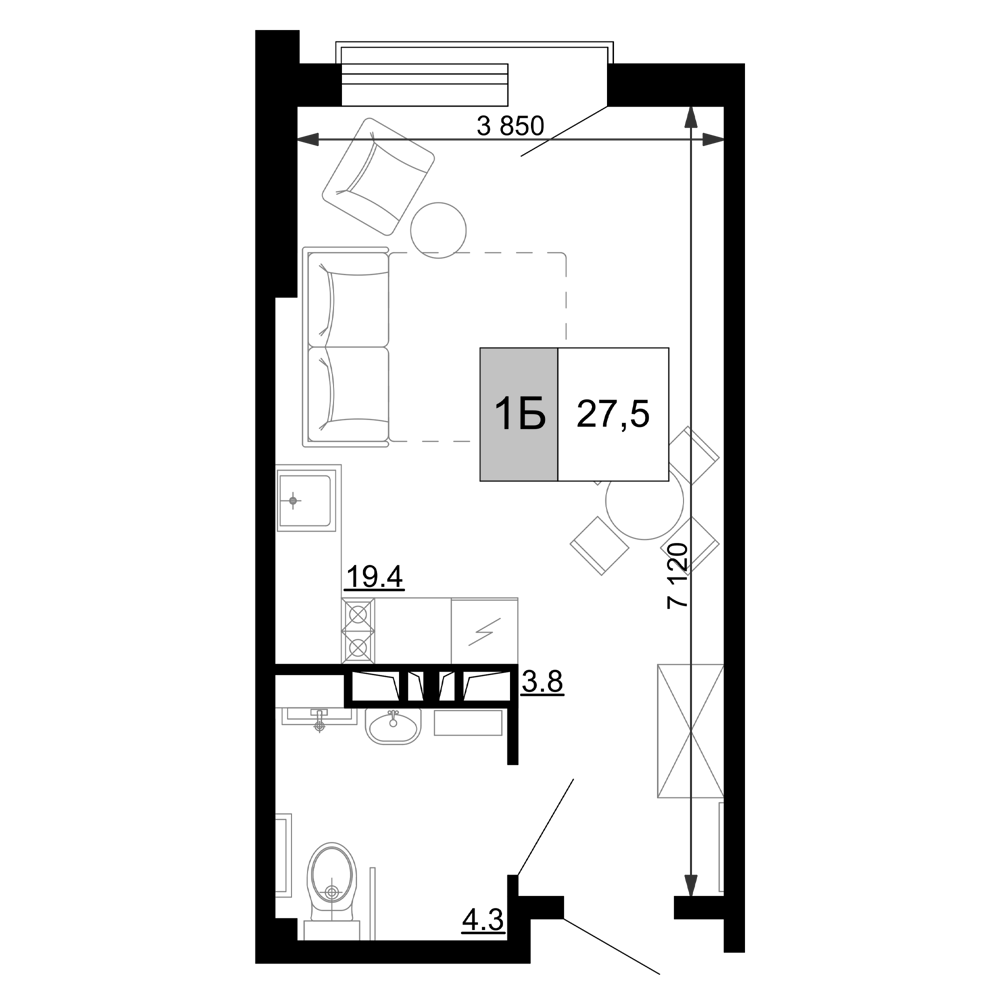 Студия, 27.5 м², 7/9 этаж, ЖК «Гостиничный комплекс Мореград»