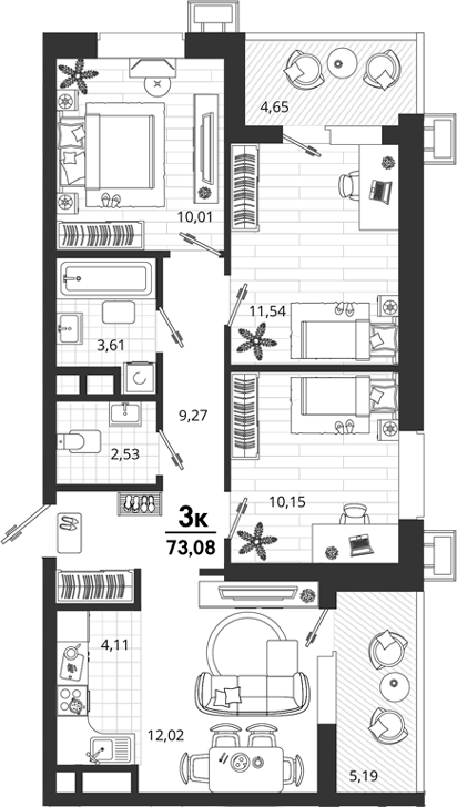 3-комн., 63.24 м², 9/18 этаж, ЖК «Родные Просторы»
