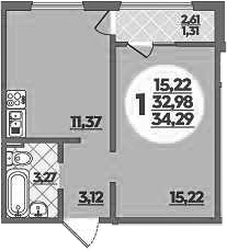 1-комн., 32.98 м², 1/16 этаж, ЖК «Восточный. Квартал №6»