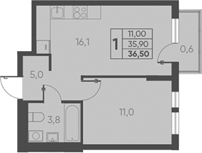 2-комн., 35.9 м², 10/15 этаж, ЖК «Барса»