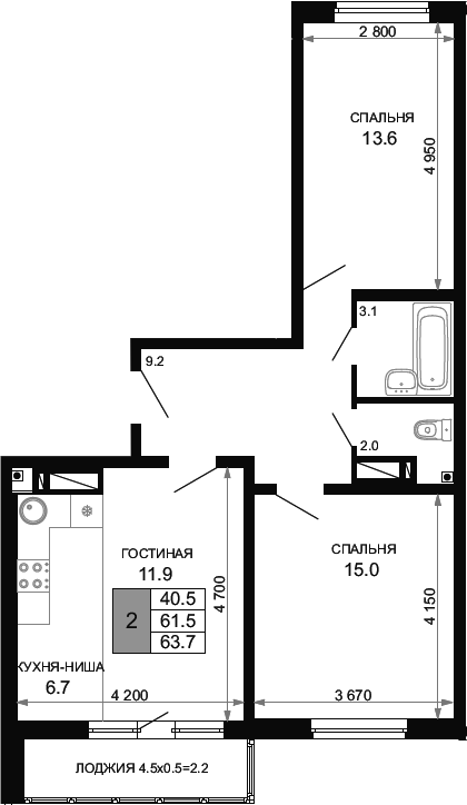 3-комн., 61.5 м², 21/24 этаж, ЖК «Свобода»