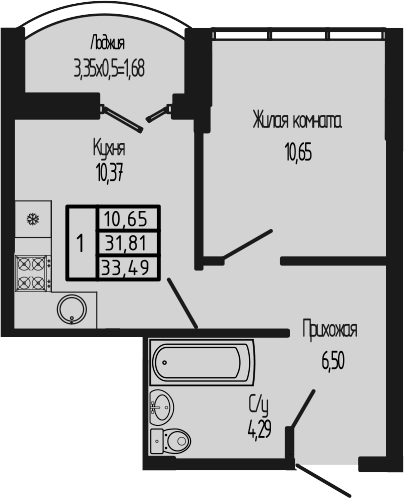 1-комн., 31.81 м², 2/12 этаж, ЖК «Sun Hills Ольгинка»