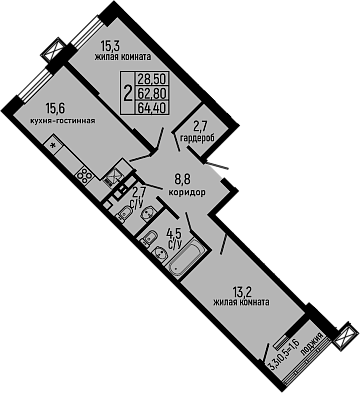 2-комн., 62.8 м², 11/13 этаж, ЖК «Звезды»