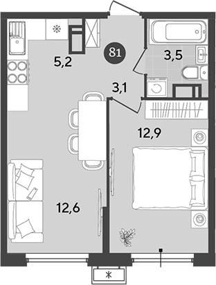 2-комн., 37.3 м², 14/18 этаж, ЖК «Порто-Ново»