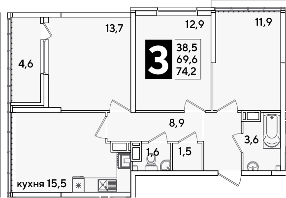 4+ комнаты, 69.6 м², 16/16 этаж, ЖК «Самолет»