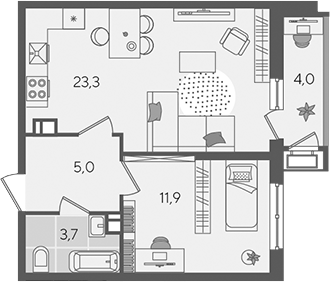 2-комн., 43.6 м², 5/24 этаж, ЖК «Рекорд»