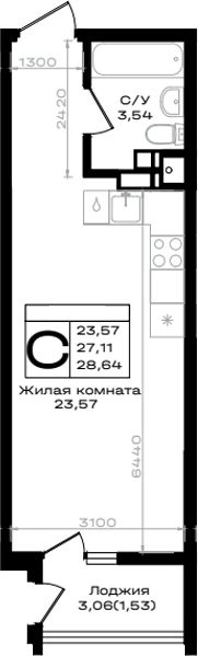 Студия, 27.11 м², 8/9 этаж, ЖК «ЮЖНО»