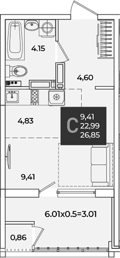 Студия, 23.84 м², 13/18 этаж, ЖК «Образцово»