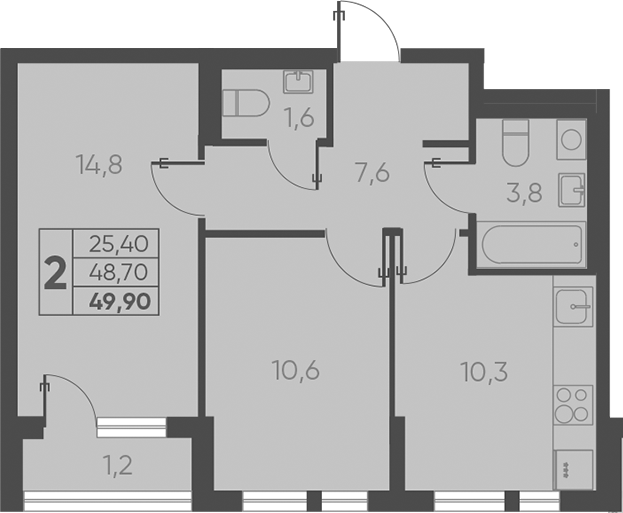 2-комн., 48.7 м², 12/15 этаж, ЖК «Барса»
