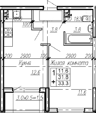 1-комн., 31.8 м², 1/4 этаж, ЖК «Эво»