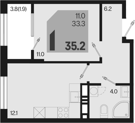 1-комн., 33.3 м², 16/18 этаж, ЖК «Первое место»