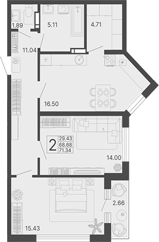 2-комн., 67.35 м², 9/17 этаж, ЖК «Светский лес»