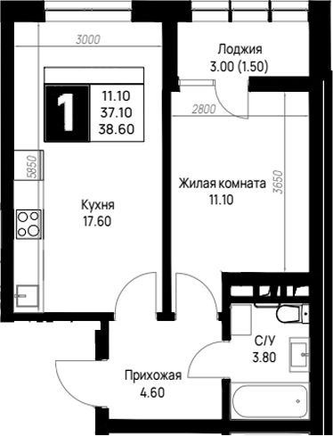 1-комн., 37.1 м², 4/9 этаж, ЖК «На высоком берегу»