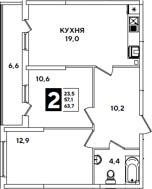 3-комн., 57.1 м², 2/16 этаж, ЖК «Самолет»