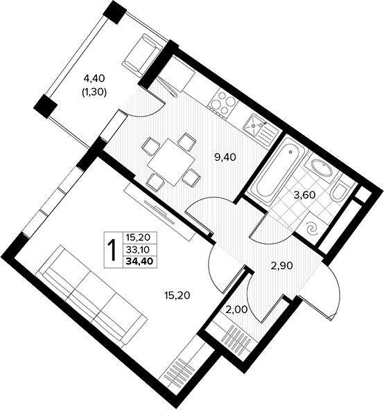 1-комн., 33.1 м², 8/8 этаж, ЖК «Кипарис»