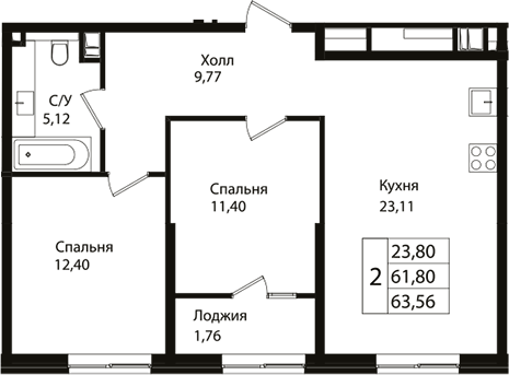 3-комн., 61.8 м², 4/9 этаж, ЖК «Патрики»