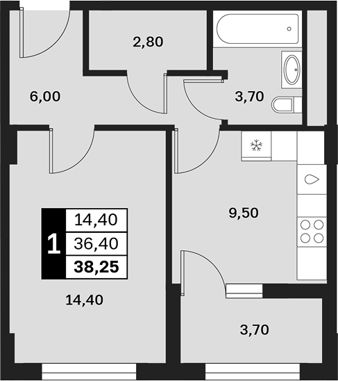 1-комн., 36.4 м², 3/14 этаж, ЖК «Аксис Патриот»