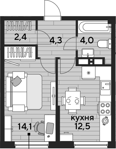 1-комн., 37.3 м², 14/16 этаж, ЖК «DОГМА ПАРК»