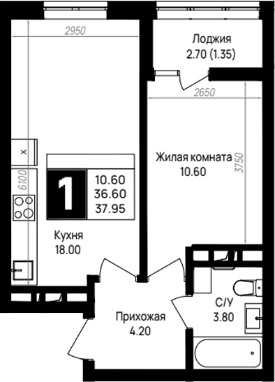 1-комн., 36.6 м², 2/9 этаж, ЖК «На высоком берегу»
