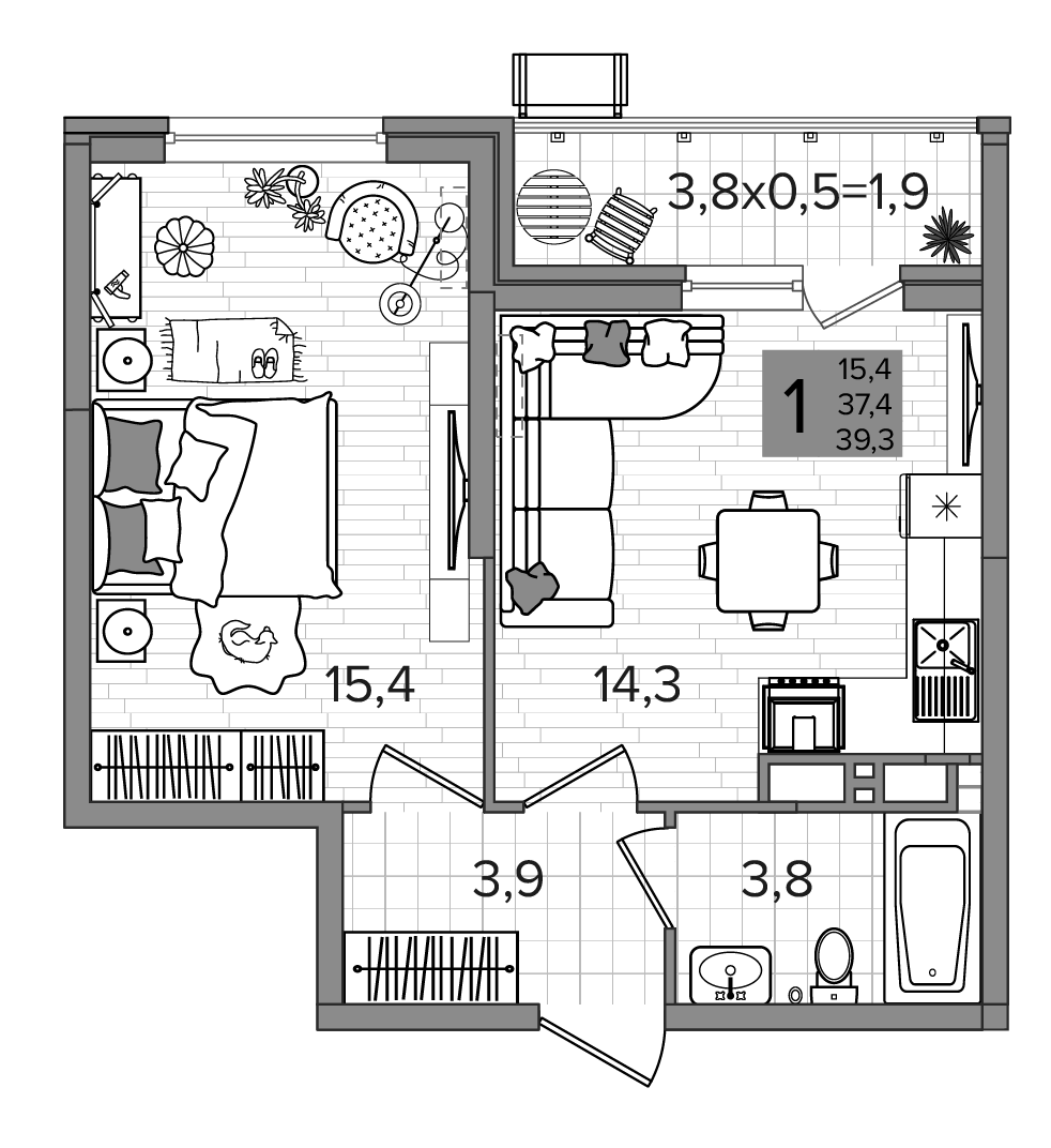 1-комн., 37.4 м², 15/16 этаж, ЖК «Сармат»