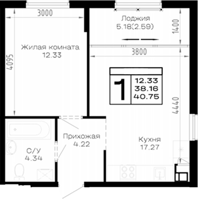 1-комн., 38.16 м², 2/4 этаж, ЖК «Усадьба Гостагаевская»