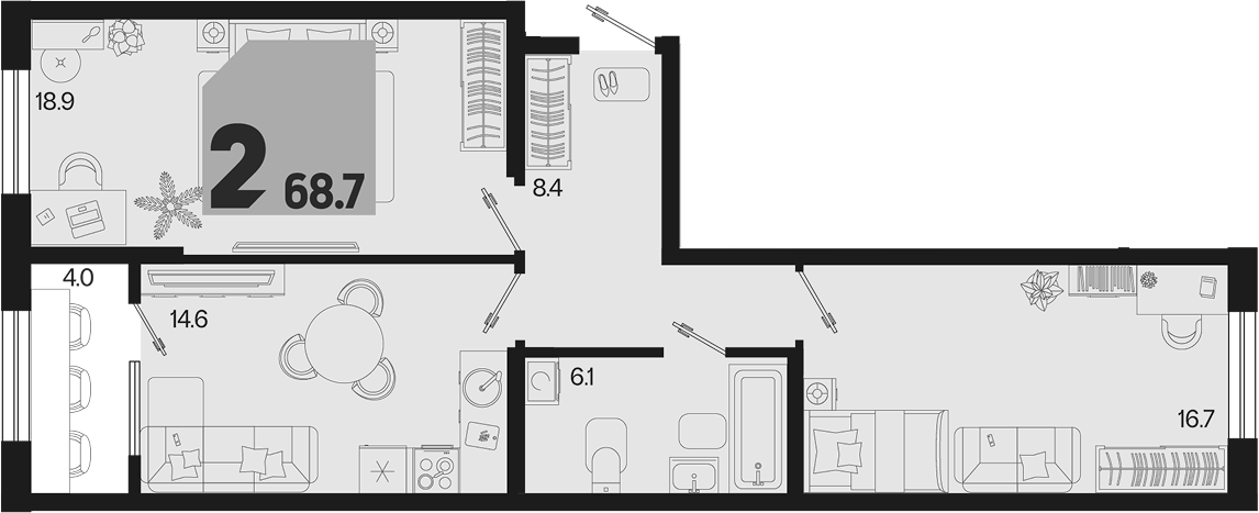 2-комн., 64.7 м², 2/18 этаж, ЖК «Первое место»