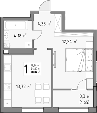 1-комн., 34.67 м², 4/15 этаж, ЖК «Коллекция»