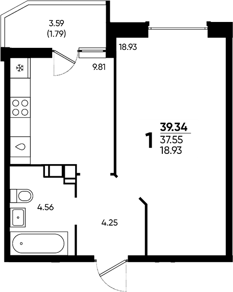 1-комн., 37.55 м², 10/18 этаж, ЖК «Достояние»
