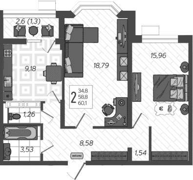 2-комн., 58.8 м², 1/9 этаж, ЖК «AVAnta»