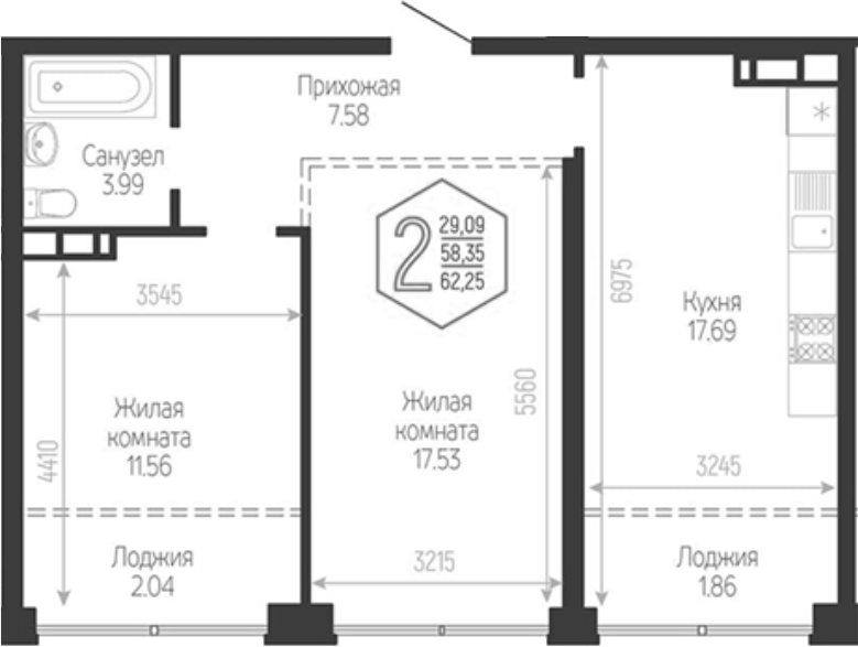2-комн., 58.35 м², 5/16 этаж, ЖК «Гарантия PRIME»