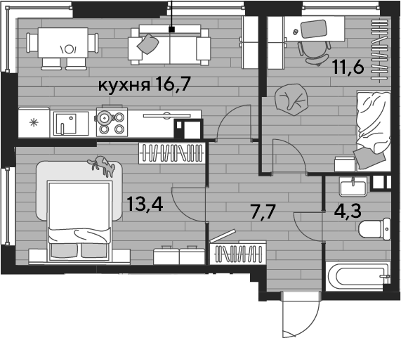 2-комн., 53.7 м², 4/16 этаж, ЖК «DОГМА ПАРК»