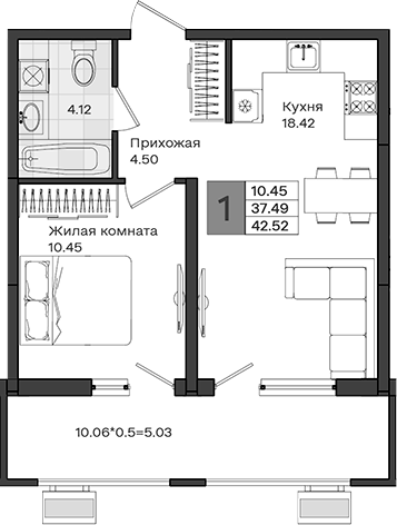 1-комн., 37.49 м², 2/8 этаж, ЖК «МОНО квартал»