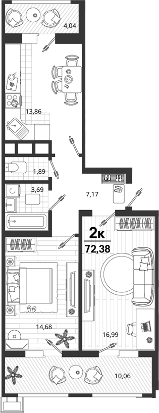 2-комн., 58.28 м², 11/18 этаж, ЖК «Родные Просторы»