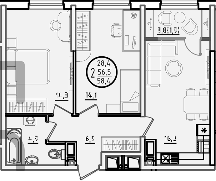 2-комн., 56.5 м², 10/18 этаж, ЖК «Первое место»
