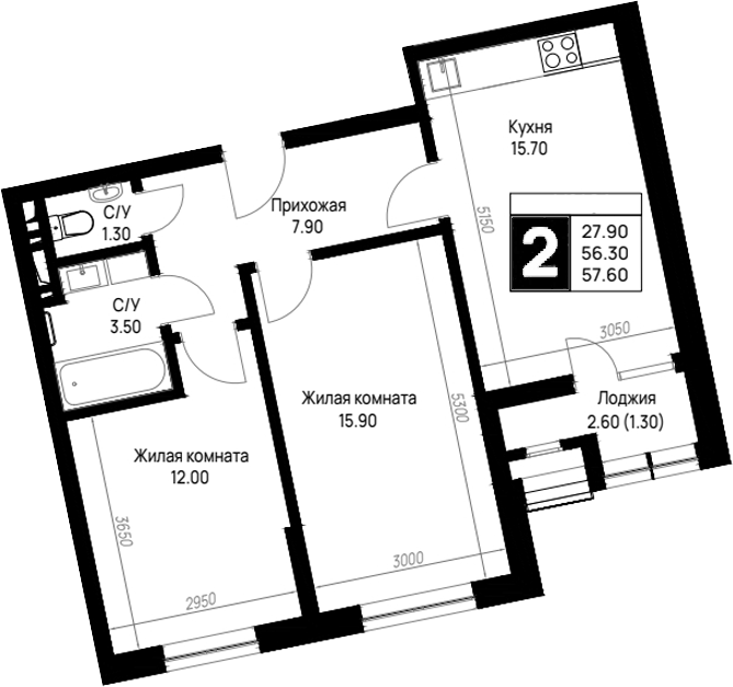 2-комн., 56.3 м², 3/12 этаж, ЖК «На высоком берегу»