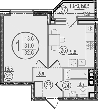 1-комн., 31 м², 2/9 этаж, ЖК «Спортивная деревня»