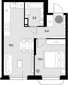 1-комн., 37.4 м², 3/9 этаж, ЖК «Грейд»
