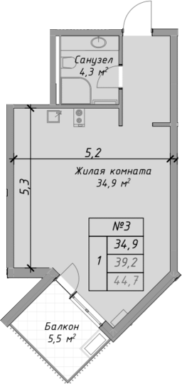 Студия, 39.2 м², 1/4 этаж, ЖК «Оазис Азова»