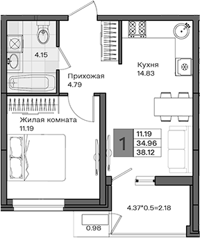 1-комн., 34.96 м², 2/8 этаж, ЖК «МОНО квартал»