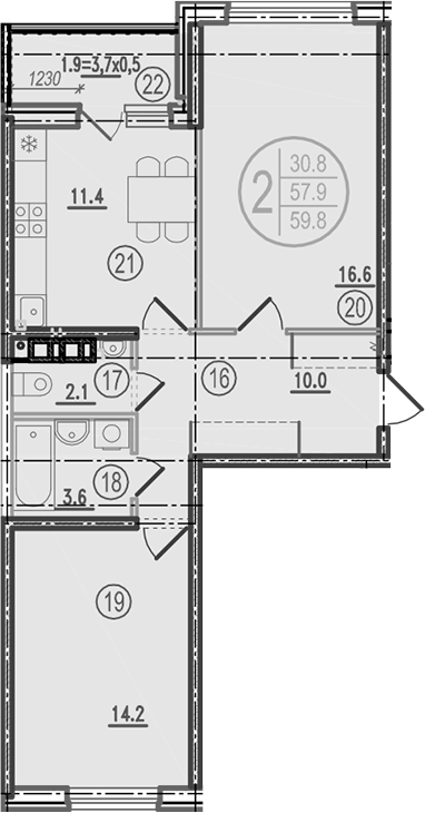 2-комн., 57.9 м², 8/9 этаж, ЖК «Спортивная деревня»