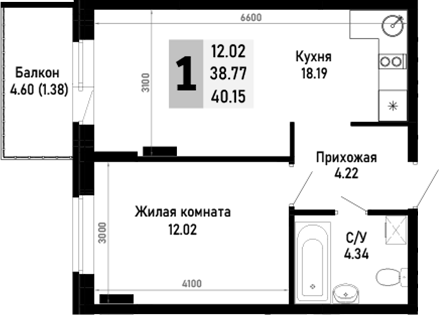1-комн., 38.77 м², 2/4 этаж, ЖК «Усадьба Гостагаевская»