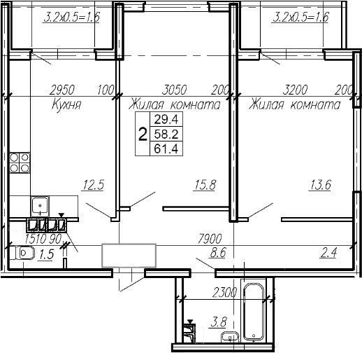 2-комн., 58.2 м², 4/4 этаж, ЖК «Эво»