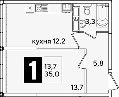 1-комн., 35 м², 15/16 этаж, ЖК «Самолет»