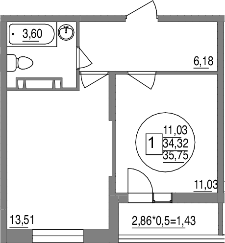 1-комн., 34.32 м², 3/12 этаж, ЖК «Друг»