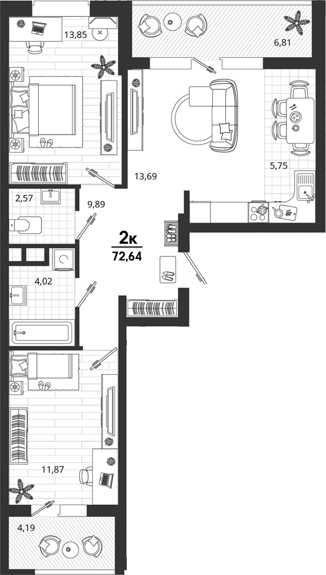 2-комн., 61.64 м², 12/18 этаж, ЖК «Родные Просторы»