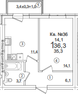 Продается 1-комн. квартира, 35.3 м²